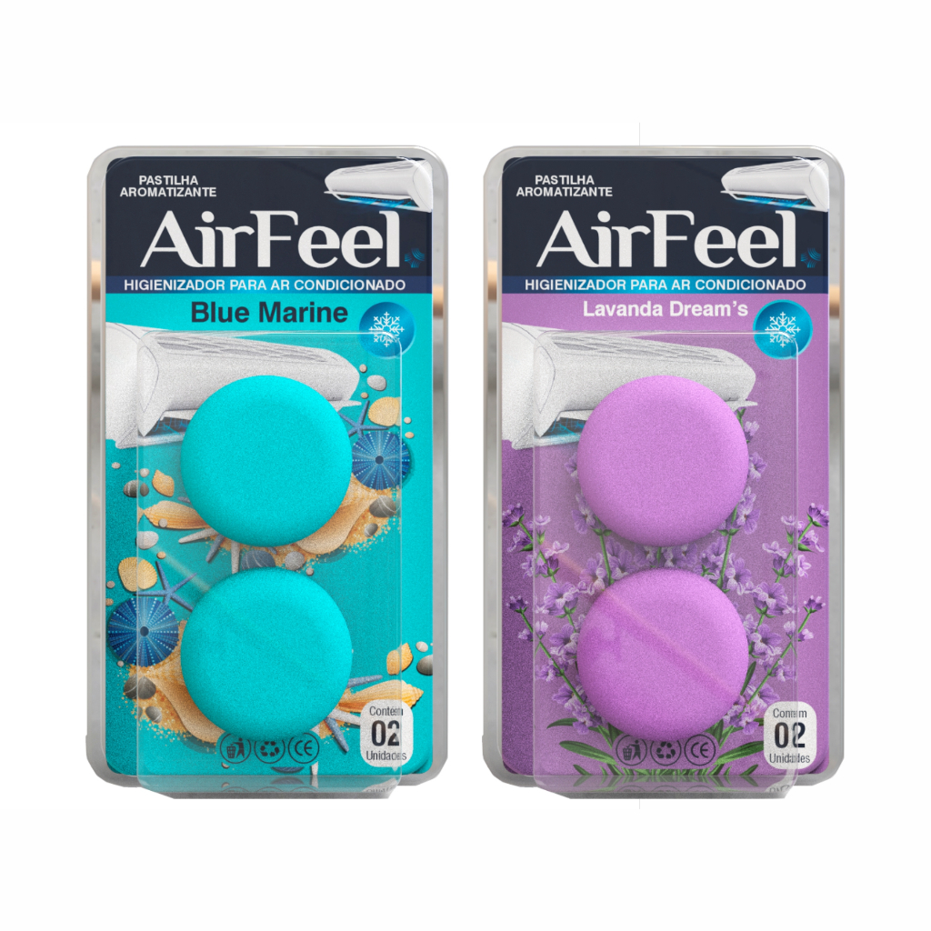 02 Kits c/ 02 Pastilhas Aromatizante Ar Condicionado Airfeel - Blue Marine + Lavanda Dreams