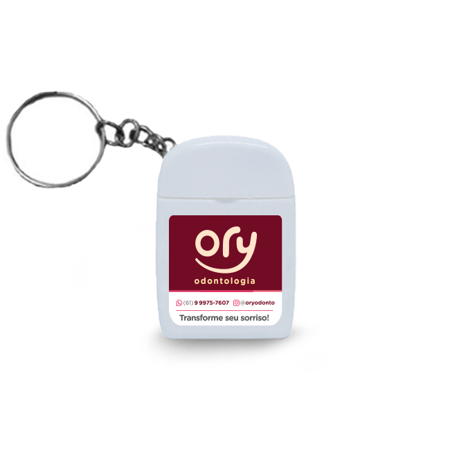 100 unidades Chaveiro de Fio Dental Branco 25mts Personalizado em Adesivo -Envia arte via Chat