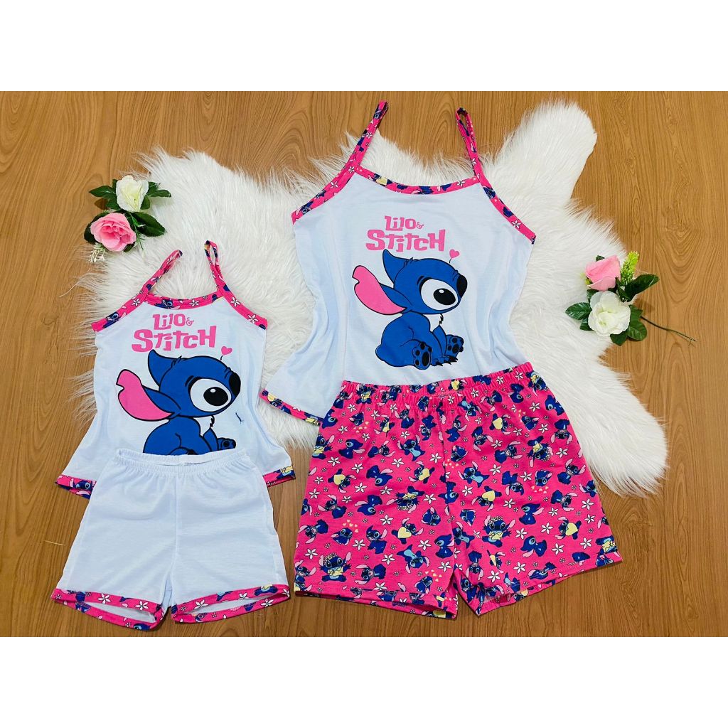 KIT 2 Pijamas Baby Doll Alça Stitch Mãe e Filha Combinando | Verão