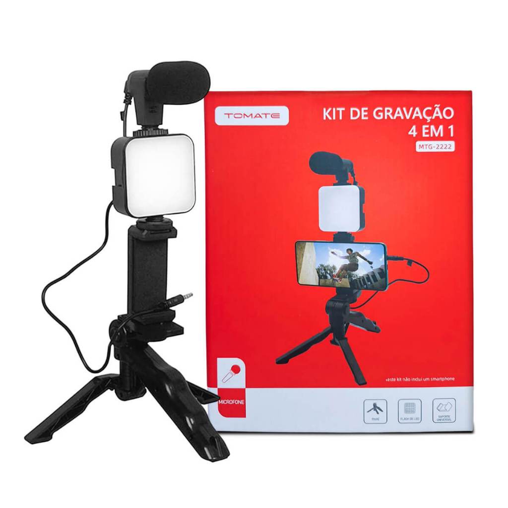 Kit Gravaçao 4 em 1 com Microfone, LED, Suporte Celular Marca Tomate Modelo MTG-2222