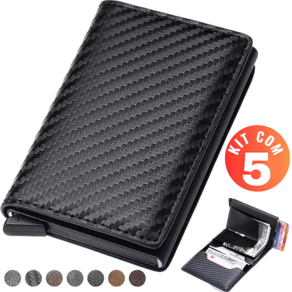 Carteira Slim Porta Cartões De Couro Antifurto Fibra De Carbono Carteira Masculina Preta couro Anti Furto Proteção Cartões