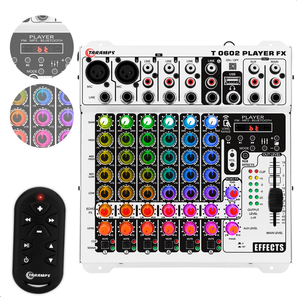 Mesa T0602 FX Player Bluetooth Echo FX 12v Multicolor 6 Canais Taramps