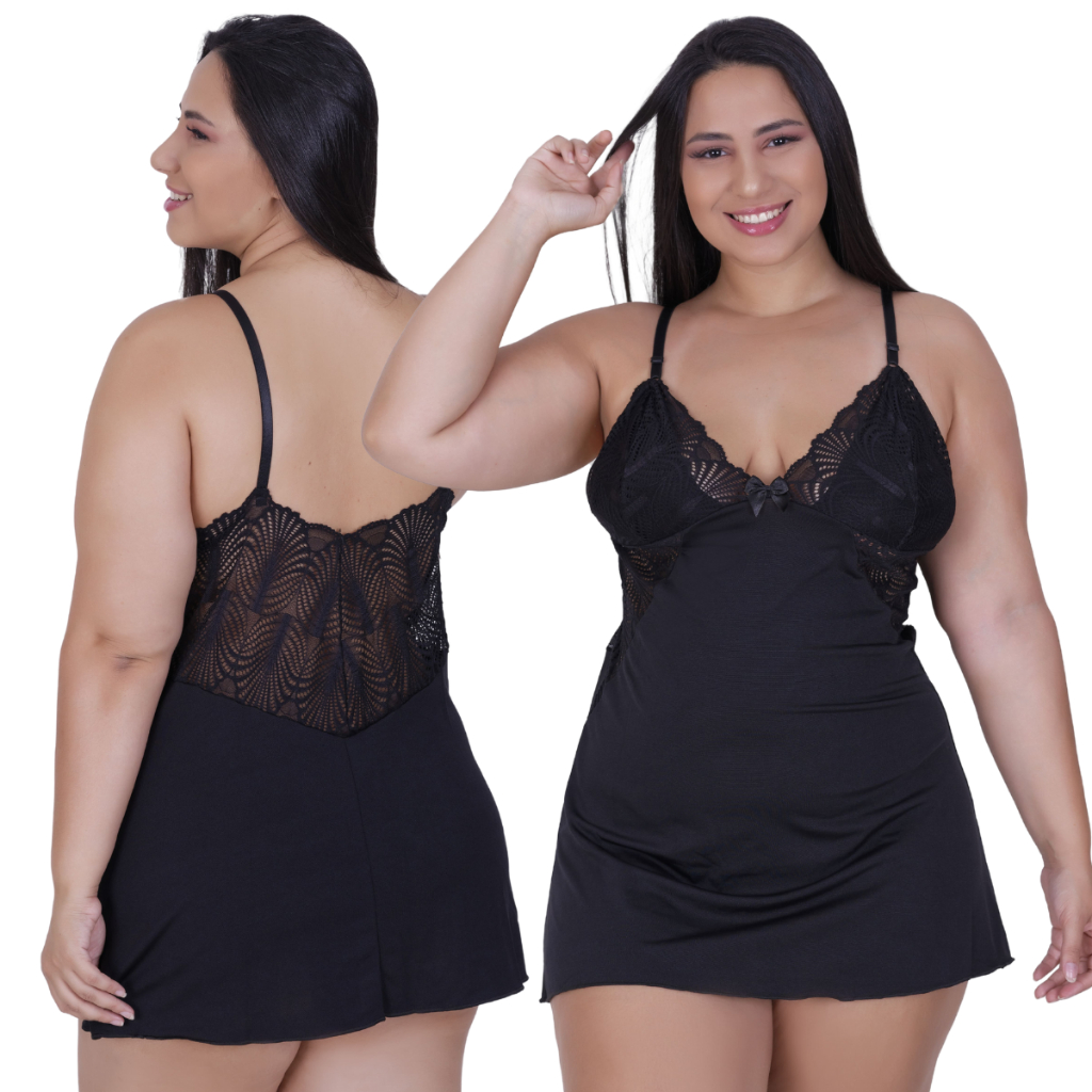 Camisola Plus Size Linha Noite com Detalhe em Renda Roupa de Dormir