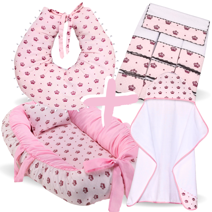 Kit Toalha de Banho Bebe Forrada + Ninho Redutor de Berço + 6 Toalha de Ombro + Almofada Amamentação