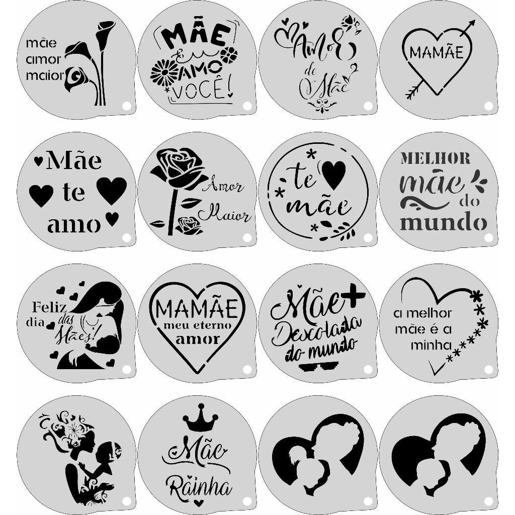 Stencil dia das Mães (2) Kit 16 Moldes 7x7cm