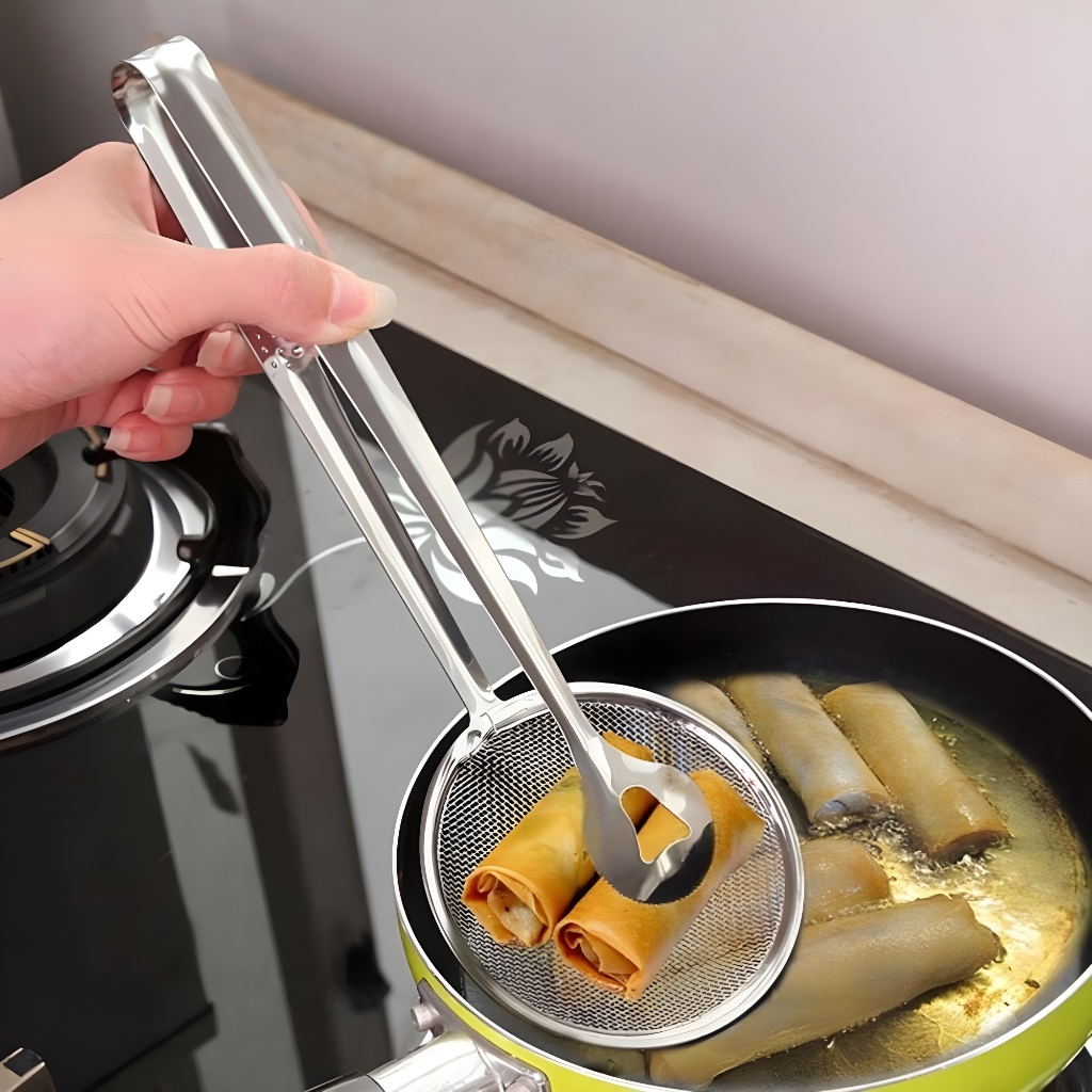 Escumadeira para Fritura Pegador Inox com Pinça e Peneira