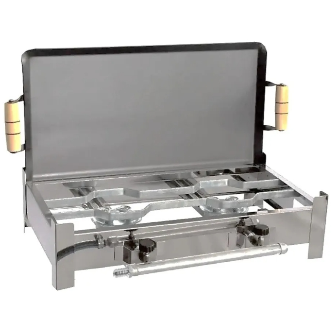 Fogão Inox Fogareiro A Gás Duas Bocas + Chapa Bife E Kit Gás