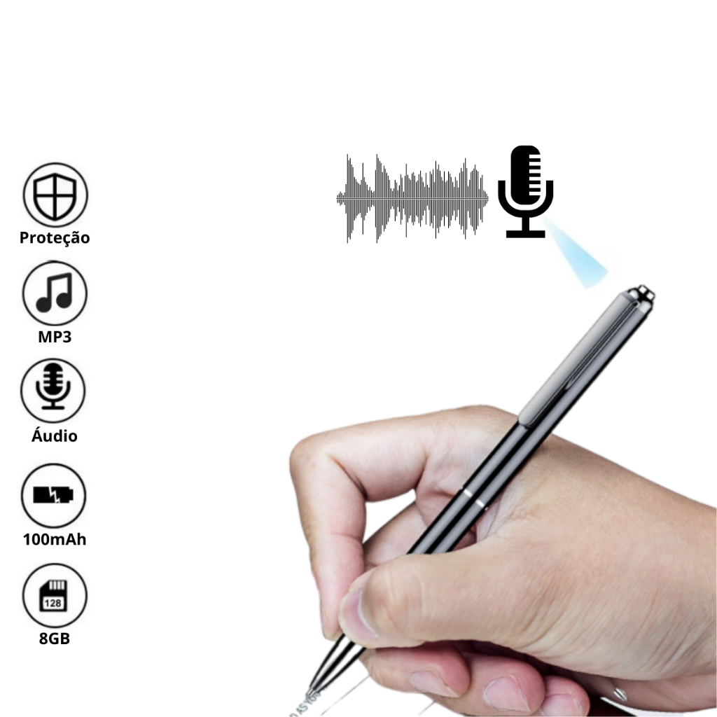 Mini Gravador de Voz Caneta Espião 8GB 20h Sensor de Som USB MP3 Portátil Discreto