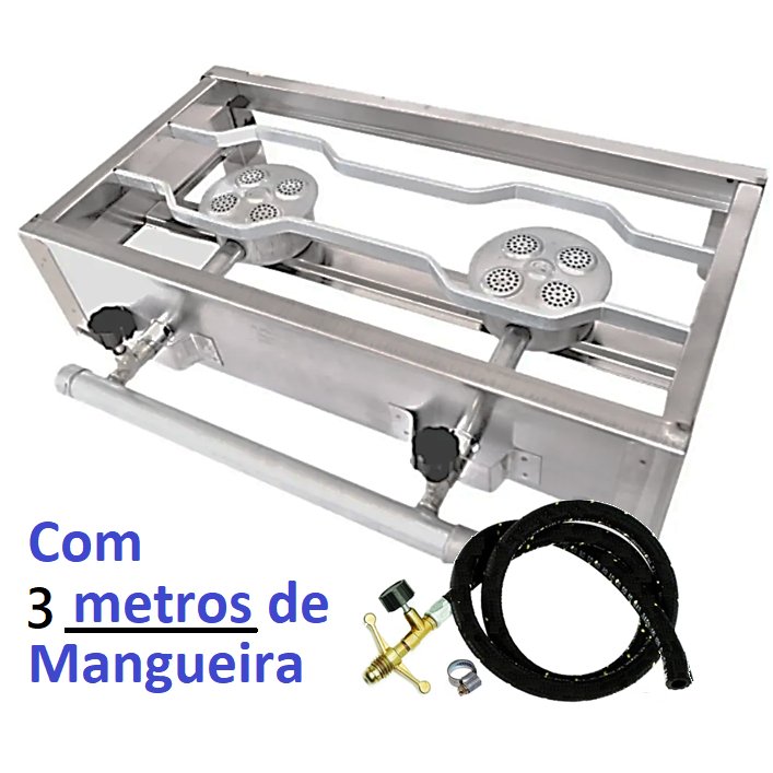 Fogão Industrial 2 Bocas Inox + Kit Gás 3 Metros Mangueira