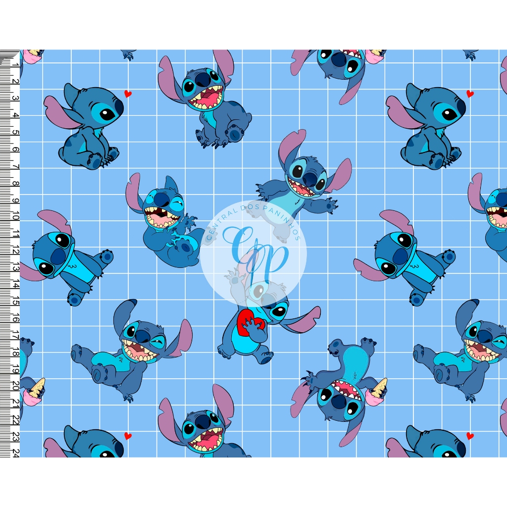 Tecido tricoline, microfibra ou gabardine - Stitch - coração - fundo grid - 0.50CM