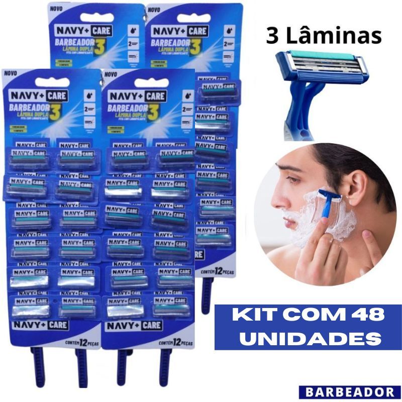 Kit 48 Unidades Aparelho Barbear Com 3 Lâminas Cartela Barbeador Descartável