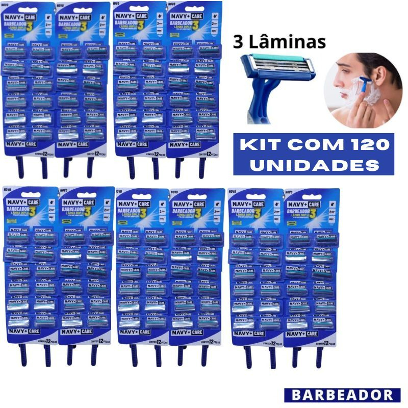 Kit 120 Unidades Aparelho Barbear Com 3 Lâminas Cartela Barbeador Descartável