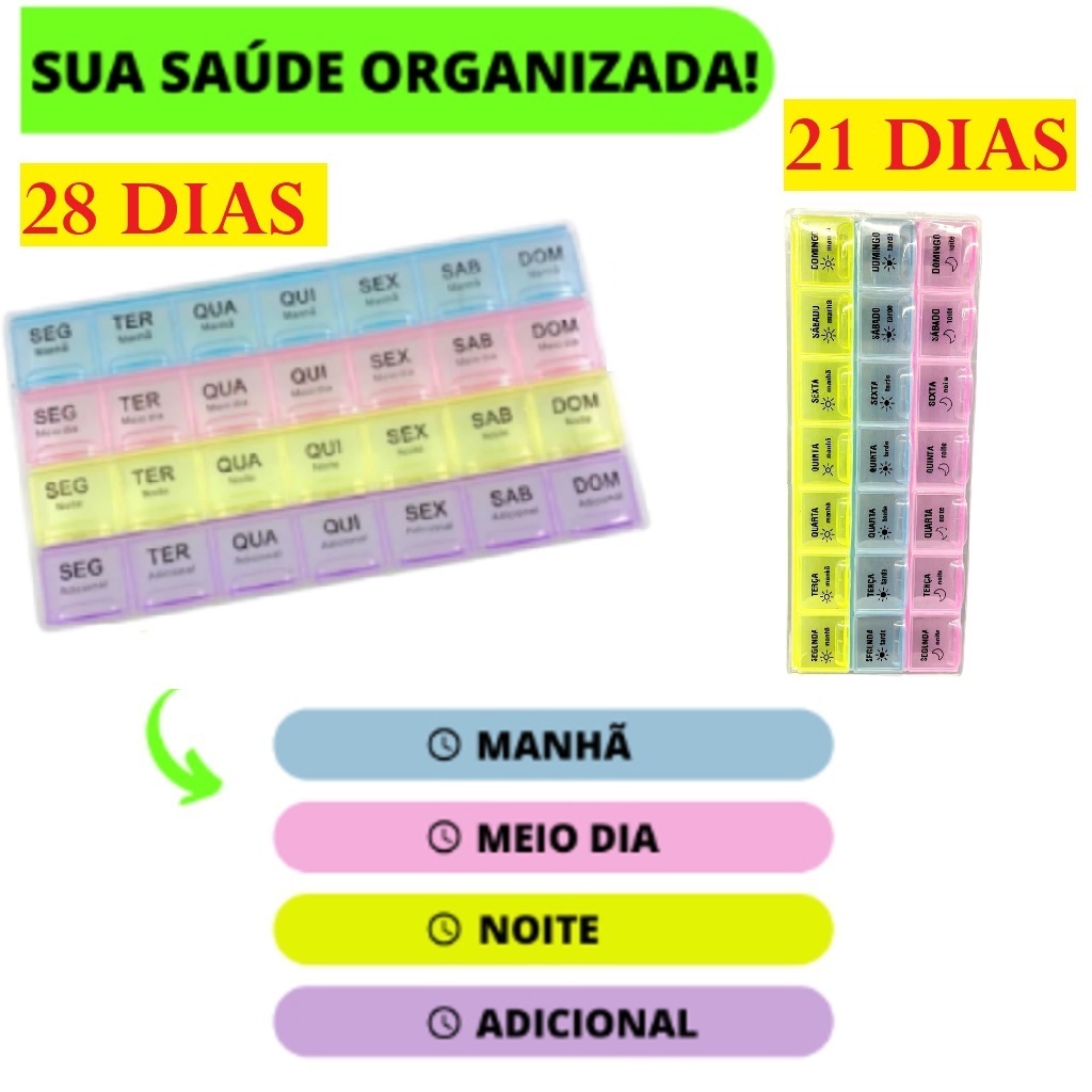 Porta Comprimido De 4 e 3 Fileiras 9,5x22Cm e 21x12CM Organizador De Remédios Semanal e Mensal Universal Colorido
