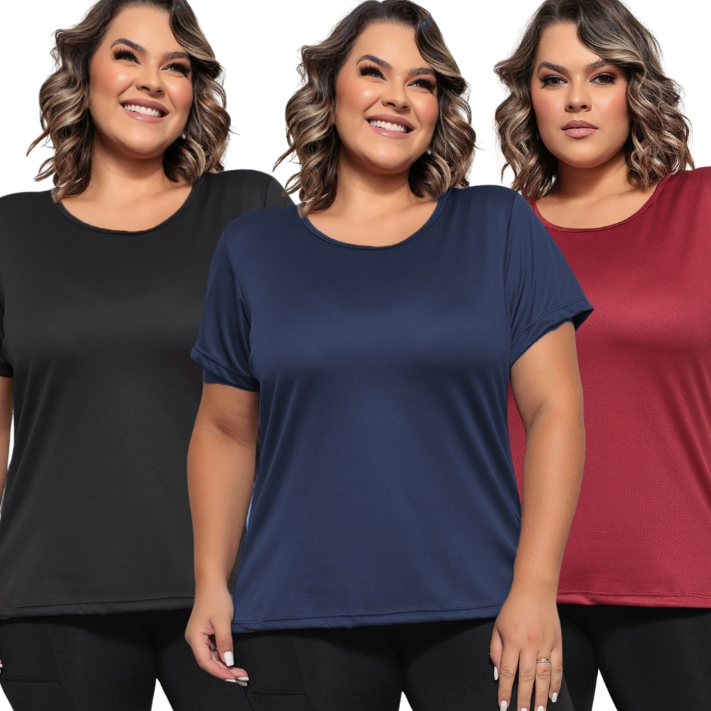 Kit 3 Camiseta Dry Fit Feminina Plus Size de Alta Performance G1 ao G4