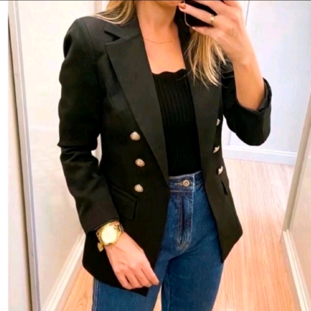 Blazer Feminina Alfaiataria Casaco Social Com 6 Botão Tendências (p.m.g.gg)