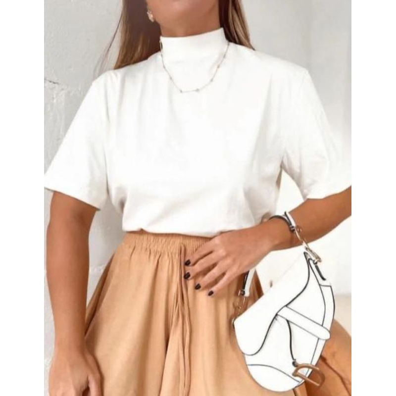 Blusa T-shirt básica lisa malha 100% algodão gola ribana fashion