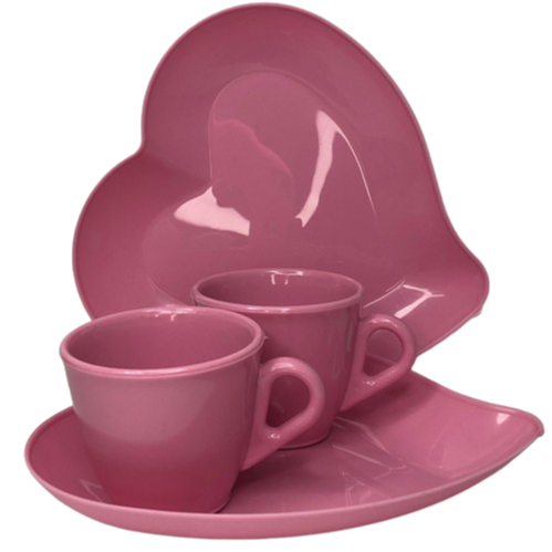 Kit Pratinhos Coração Sobremesa Plástico + Xícaras para Café Tradicional Acrílico 50ml