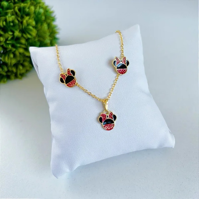 Colar Minnie Mouse e Brincos Folhados em Ouro - Kit Colar e Brincos