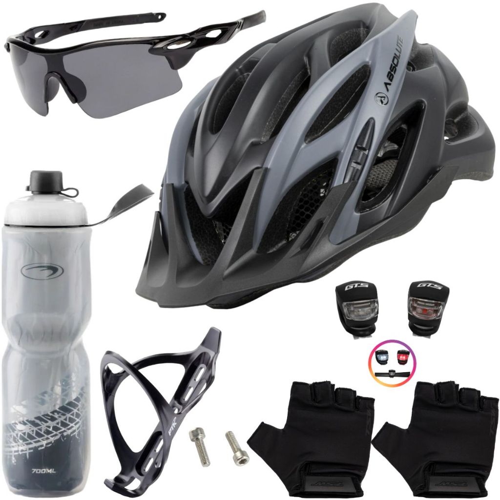 Capacete Ciclismo Bike + Garrafa Térmica + Suporte + Pisca + Óculos + Par De Luvas