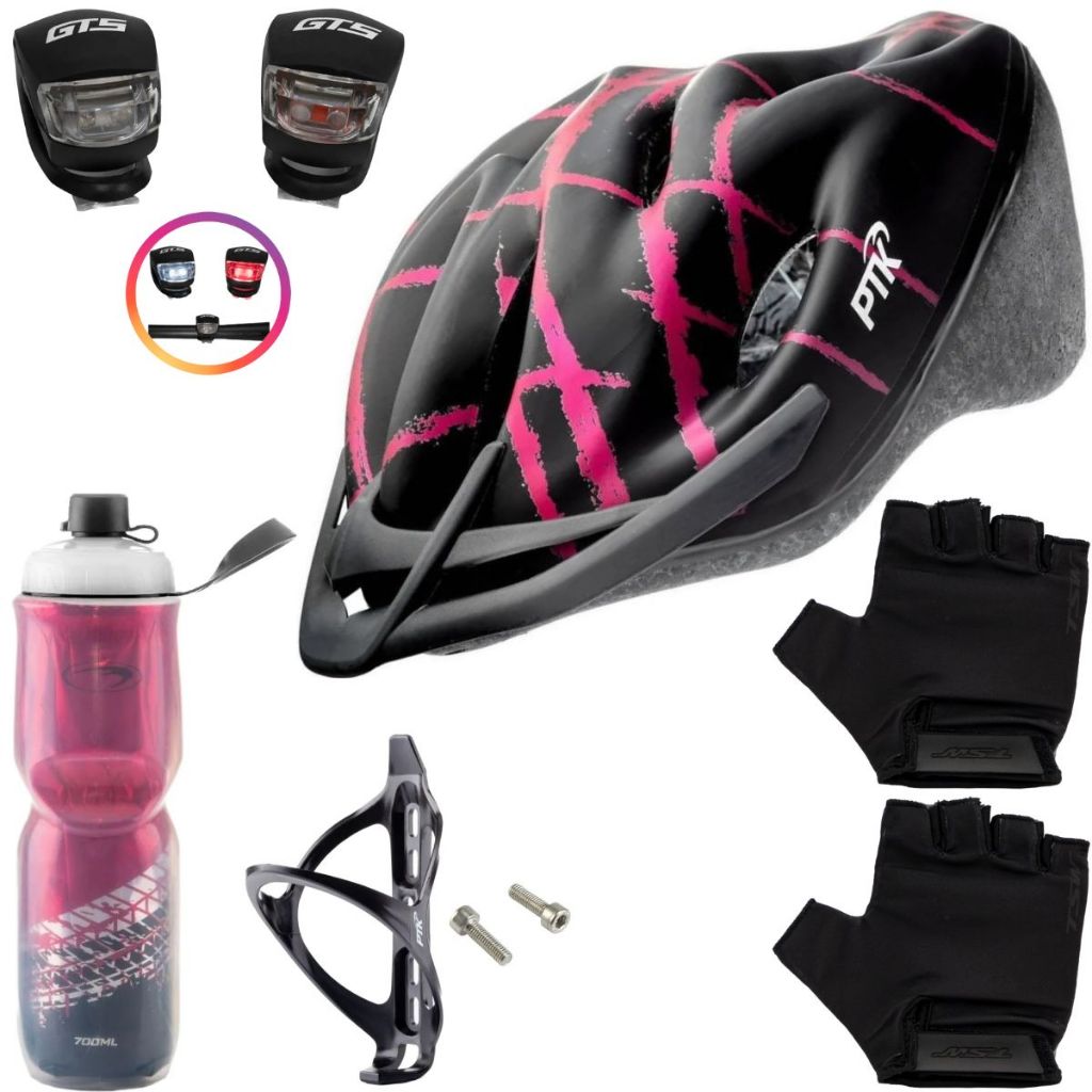 Capacete Ciclismo Bike Mtb + Garrafa Térmica + Suporte + Sinalizador + Par De Luvas