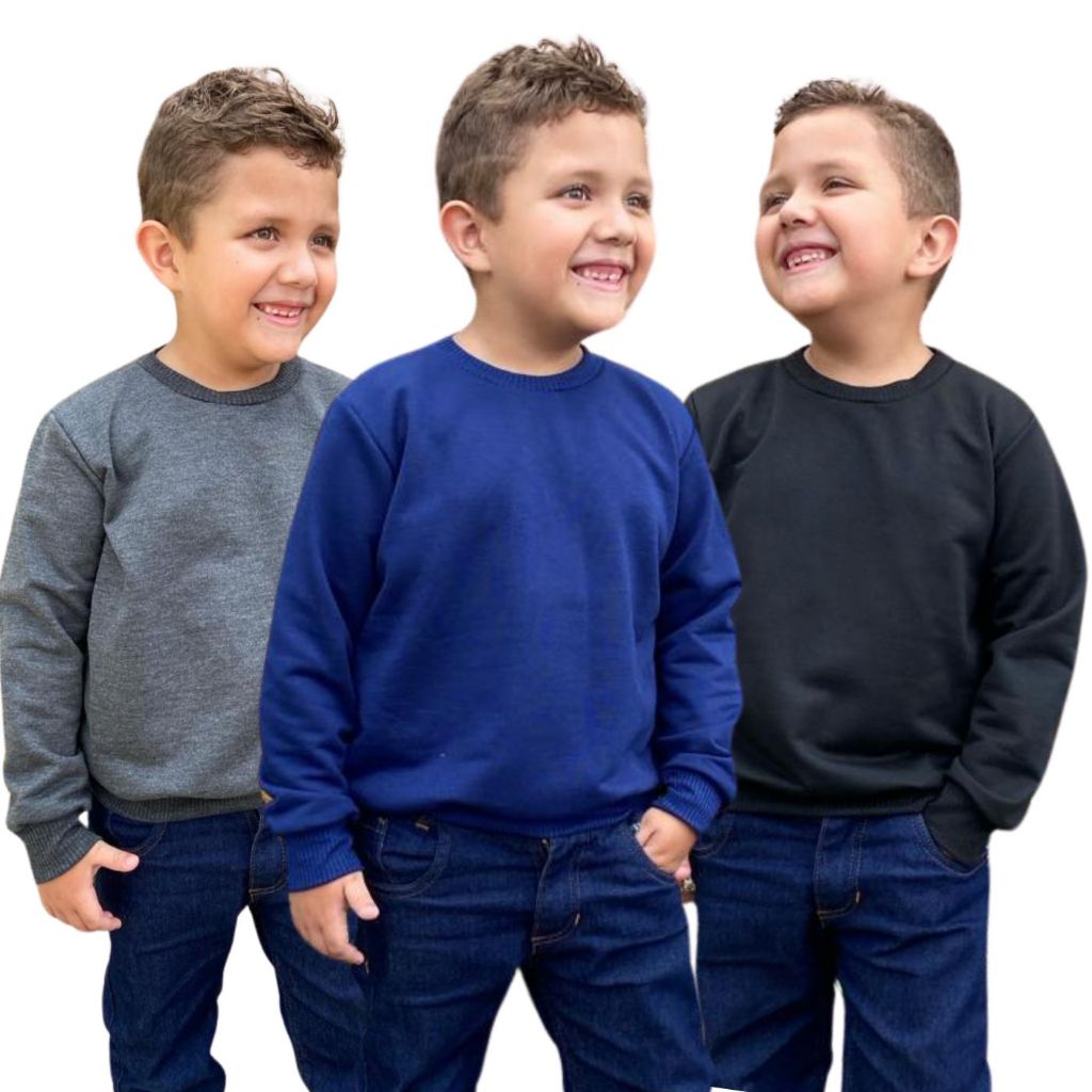 Kit 3 Blusas de Frio Infantil Moletom Moletinho Gola Redonda Unissex