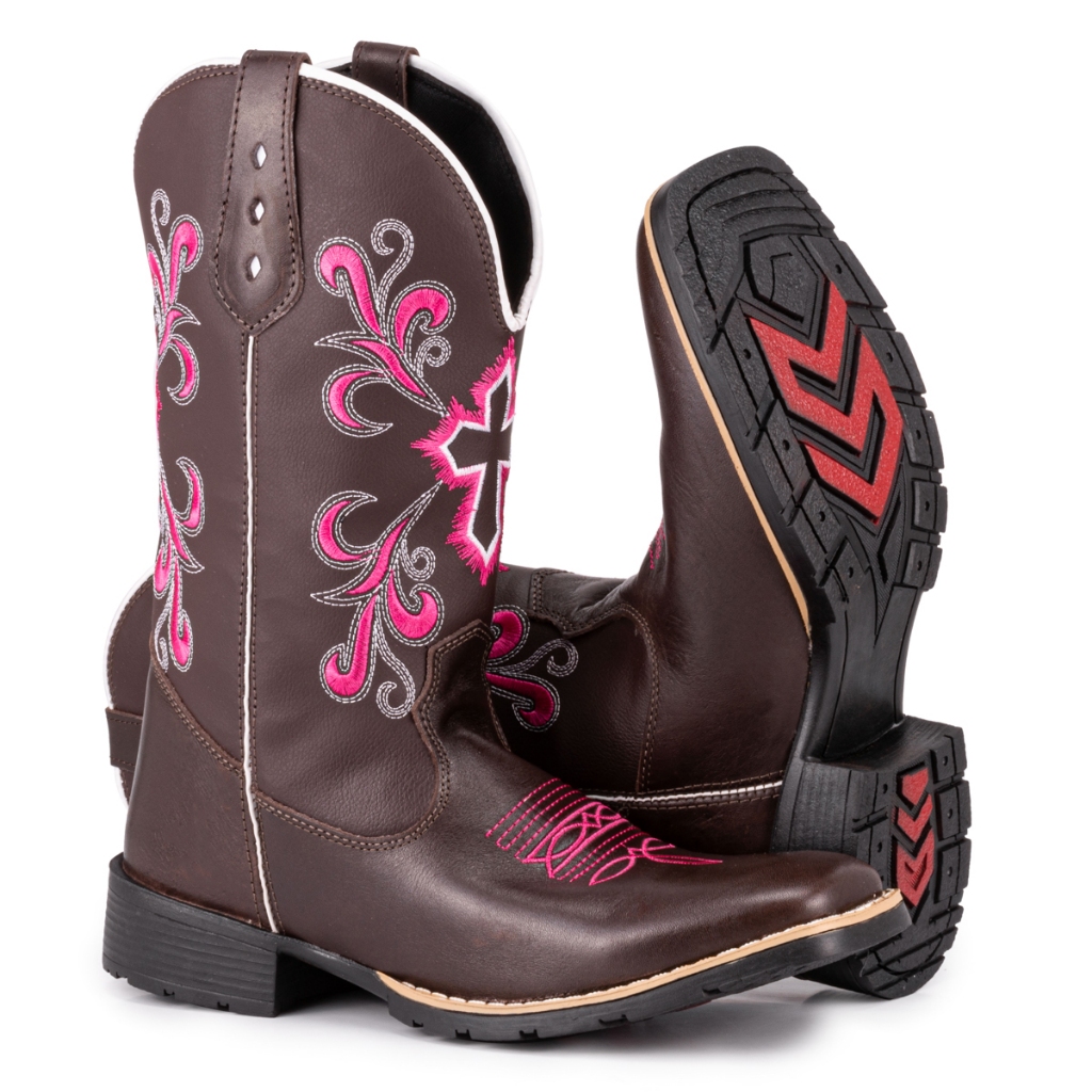 Bota Texana Feminina Country Bico Quadrado Bordada Cruzeta
