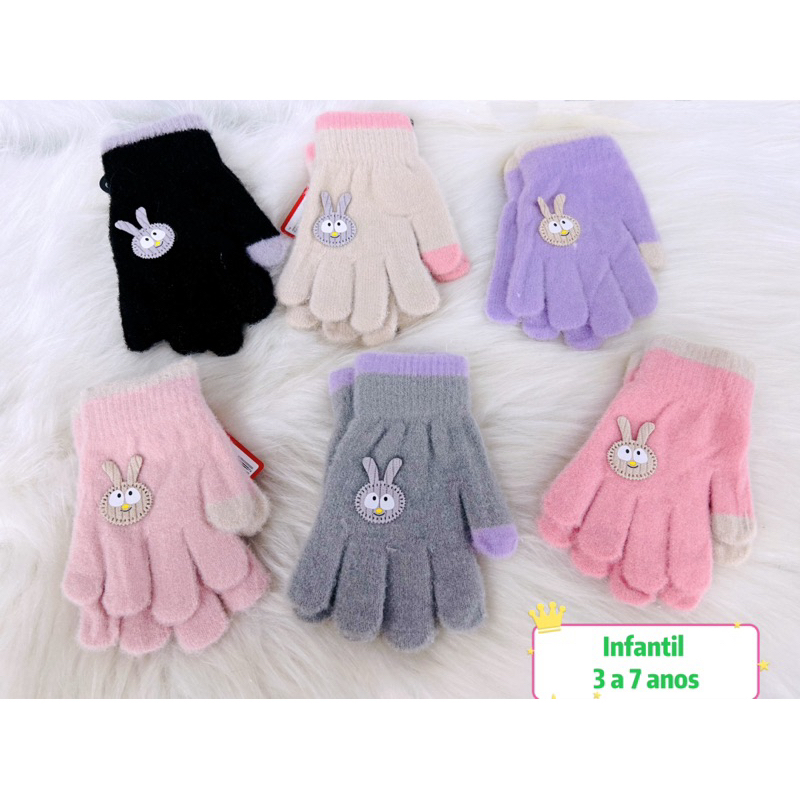 Luva infantil 3 ao 7 anos Lã Termico peludinho Coelhinho Inverno Quente Menina Menino Frio