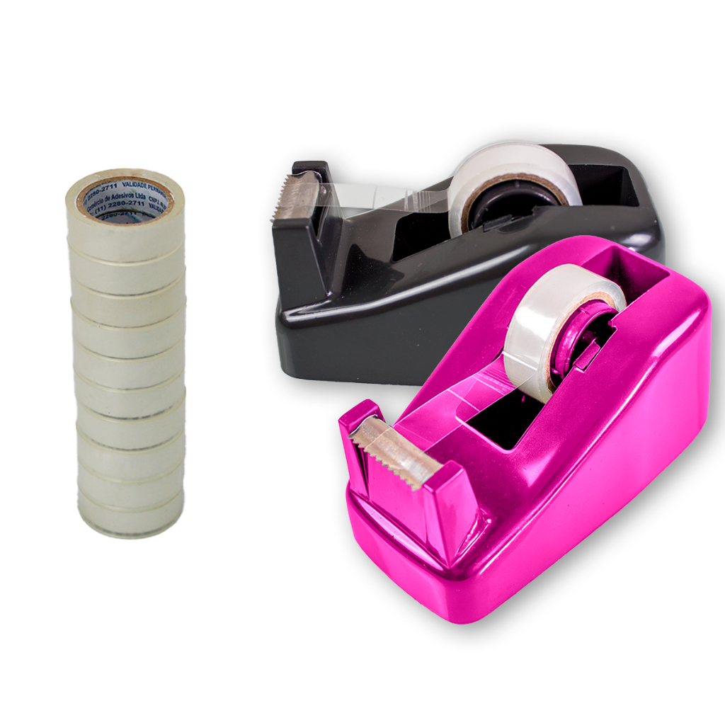 Suporte Para Fita Adesiva Pequeno Porta Durex De Mesa Preto ou Rosa / Kit 10 Fitas 12X10m