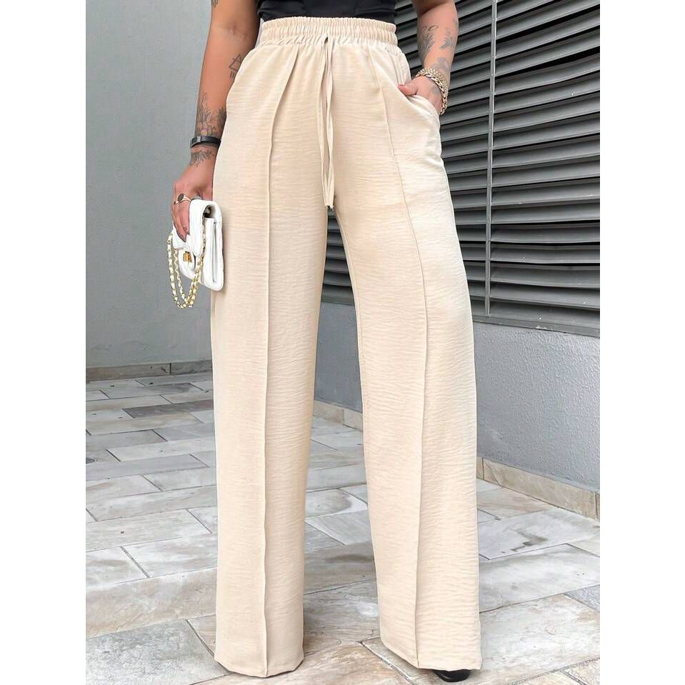 Calça Pantalona Wide leg Feminina com elástico e bolso Cintura Alta e Tecido duna levanta bumbum