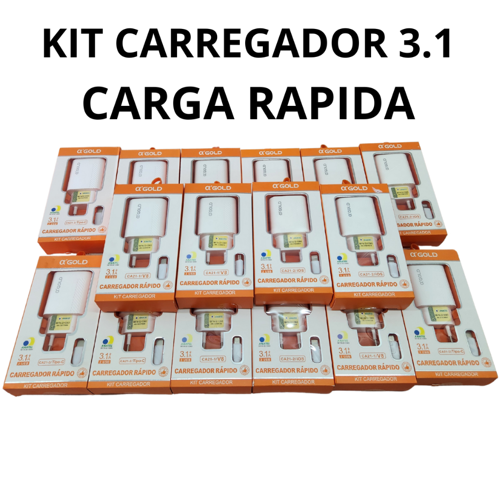 Kit Carregador 3.1 Carregador Para V8 Carregador Para Iphone Carregador Tipo-C 2 Usb Carga Rápida A`gold