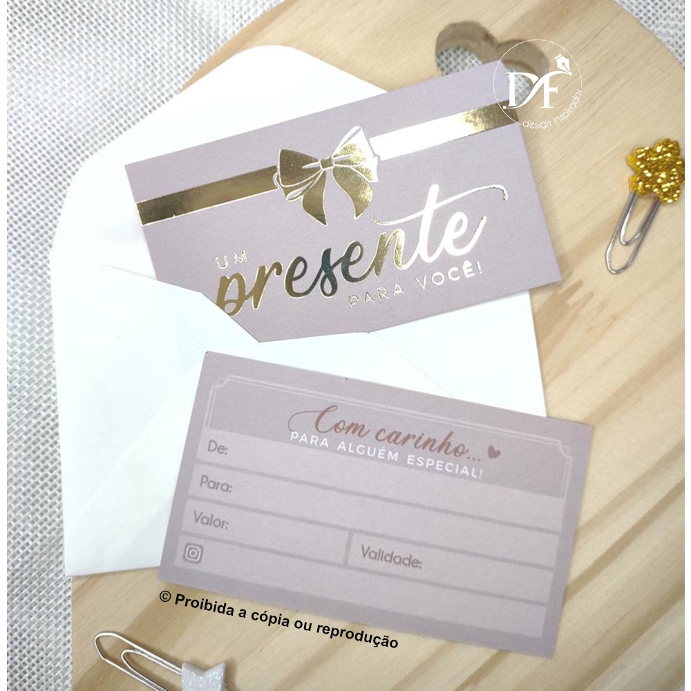 10 ou 25 Vale Presente com Envelope - Cartão presente Hotstamping