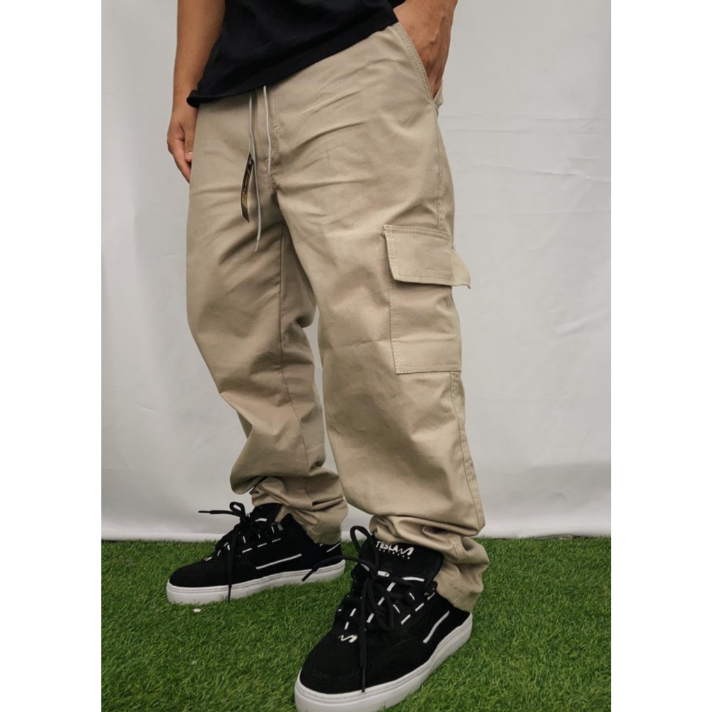 Calça Cargo jeans e sarja Larga Masculina Skate Caqui 6 Bolsos Fechamento Cordão unisex