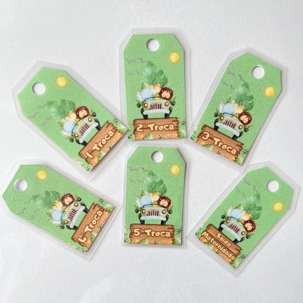 Kit 6 tags indicação de troca para saquinho maternidade Safari Ursinho Ursinha Nuvem (Somente TAG)