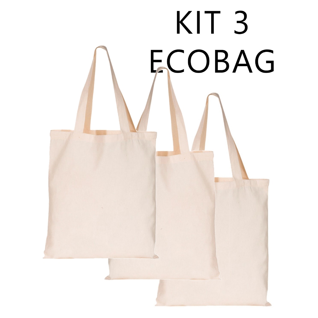 Ecobag kit 3 sacola ecológica  Lisa  - 100% algodão cru