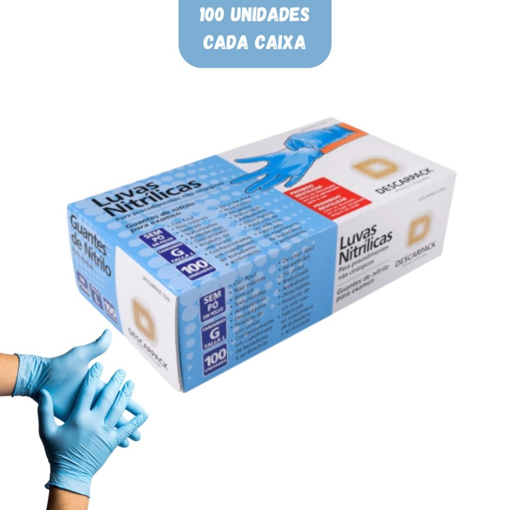 Luva Nitrilica Azul Sem Pó Caixa Com 100 Unidade Tamanho G