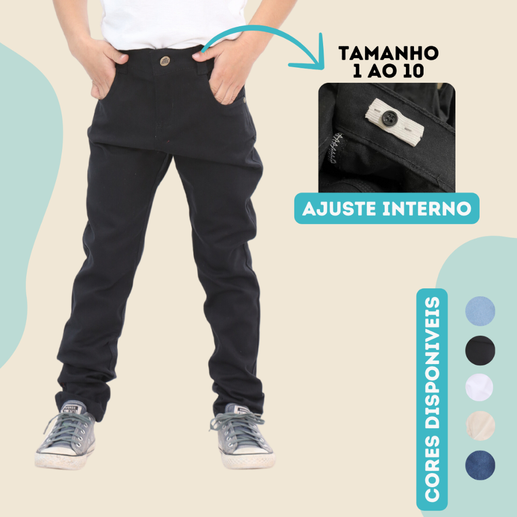 Calça Jeans Infantil Sarja Menino Com Ajuste Interno Lycra Colorida Tam 1 ao 16