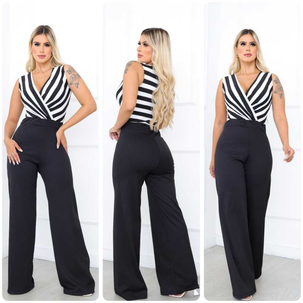 Macacão Feminino  Pantalona Canelado c/ Decote V
