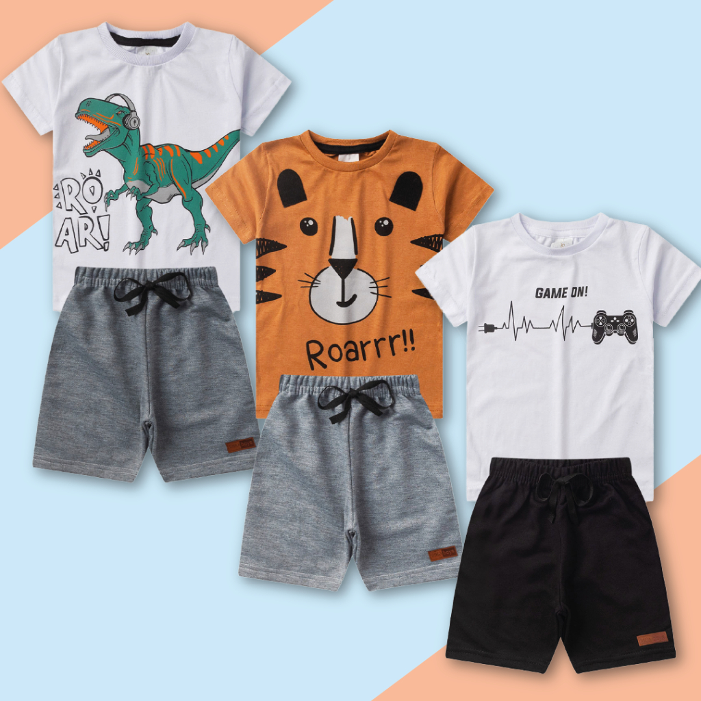 Kit 4 Peças de Roupas Infantil Menino 2 Camisetas + 2 Bermudas Moletinho