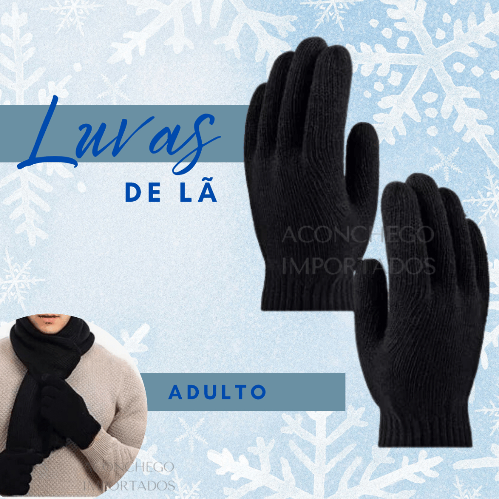 Luva De Lã Frio Inverno Adulto Preta Feminina Masculina Mãos
