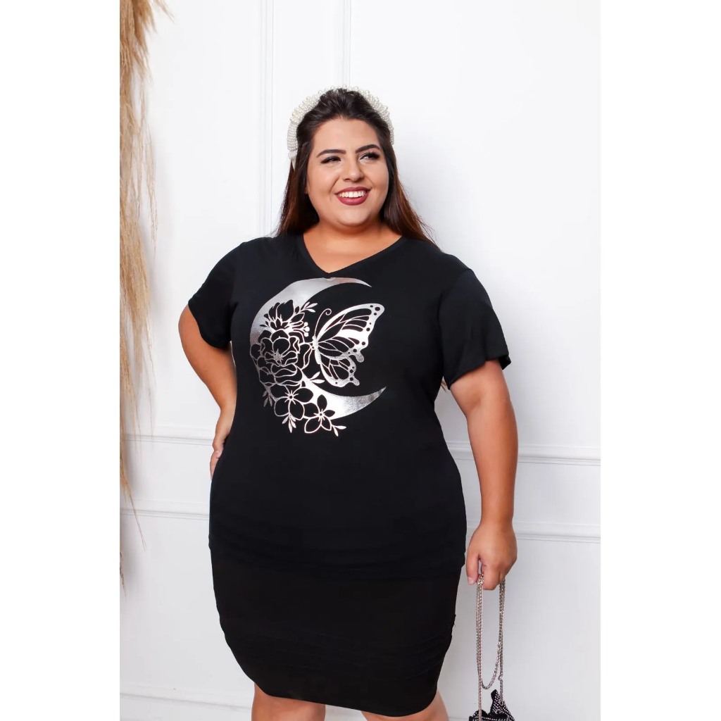 Blusa Feminina  Estilosa Pluz Size Tecido Com Elastano Confortável Moda Pluz Camiseta Tamanhos M ao G2
