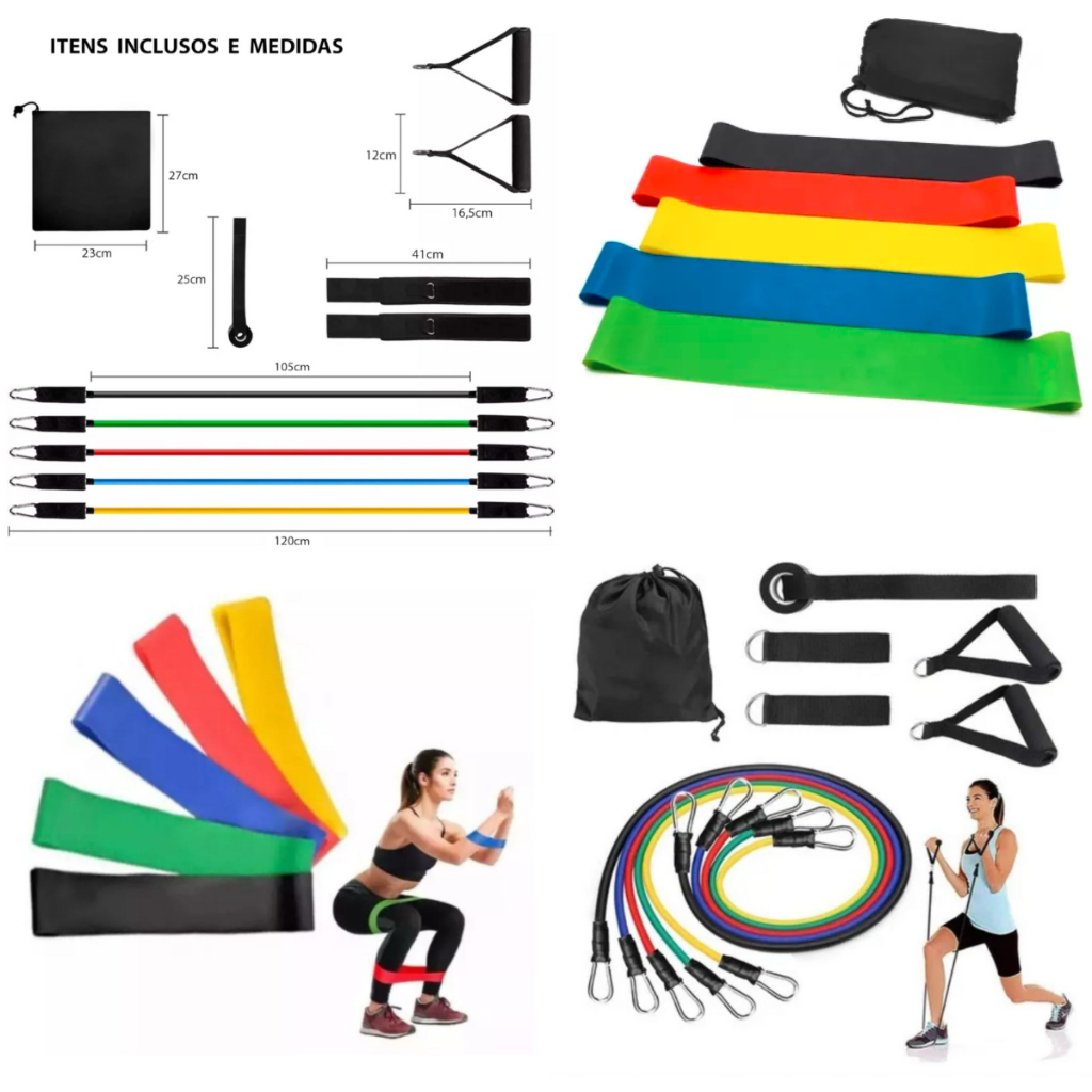 Kit 11 peças, Elásticos para Exercício Funcional + Kit Mini Bands 5 Faixas
