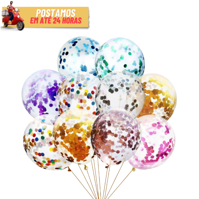 Kit Balão com Confete Metalizado - Festa Evento Decoração Varias Cores