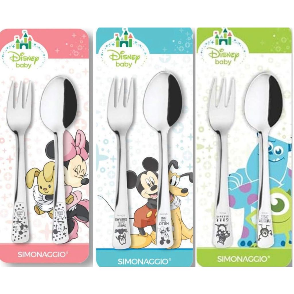 Talher infantil Kit 2 Peças Aço Inox Colher Garfo Disney Baby Minnie Mickey Monstros C.a