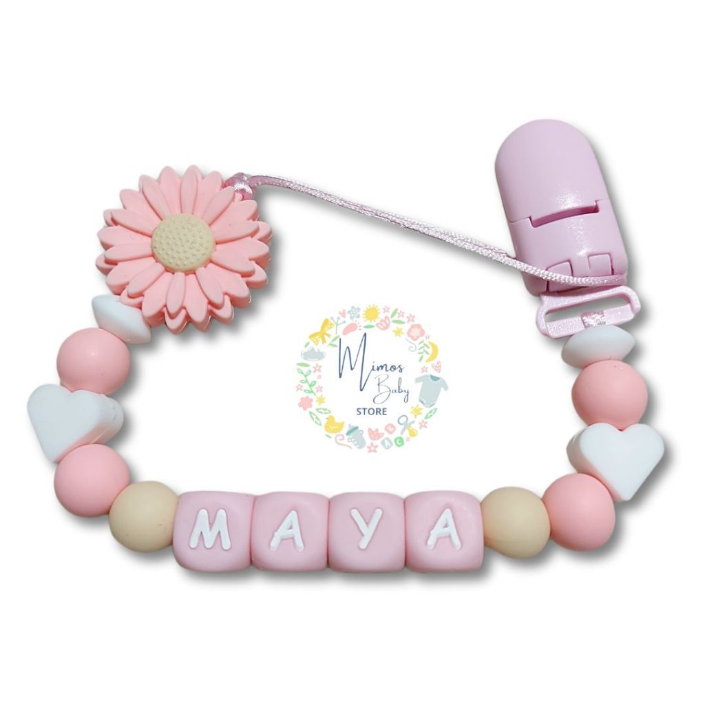 Prendedor de Chupeta de Silicone Macio e Mordedor Personalizado com Nome do Bebê Girassol BPA FREE