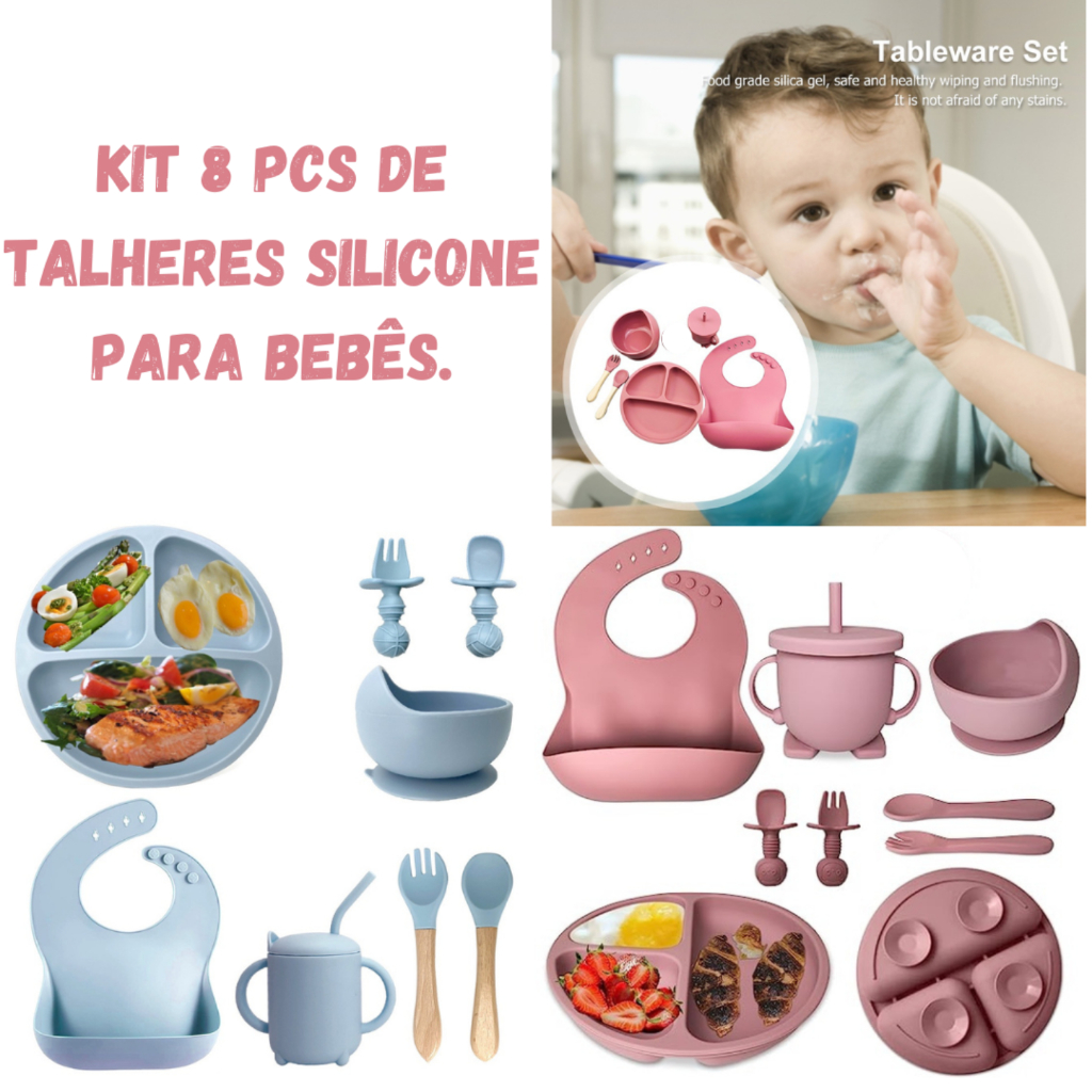 Kit 8 Peças de Talheres de Silicone para Bebês e Crianças