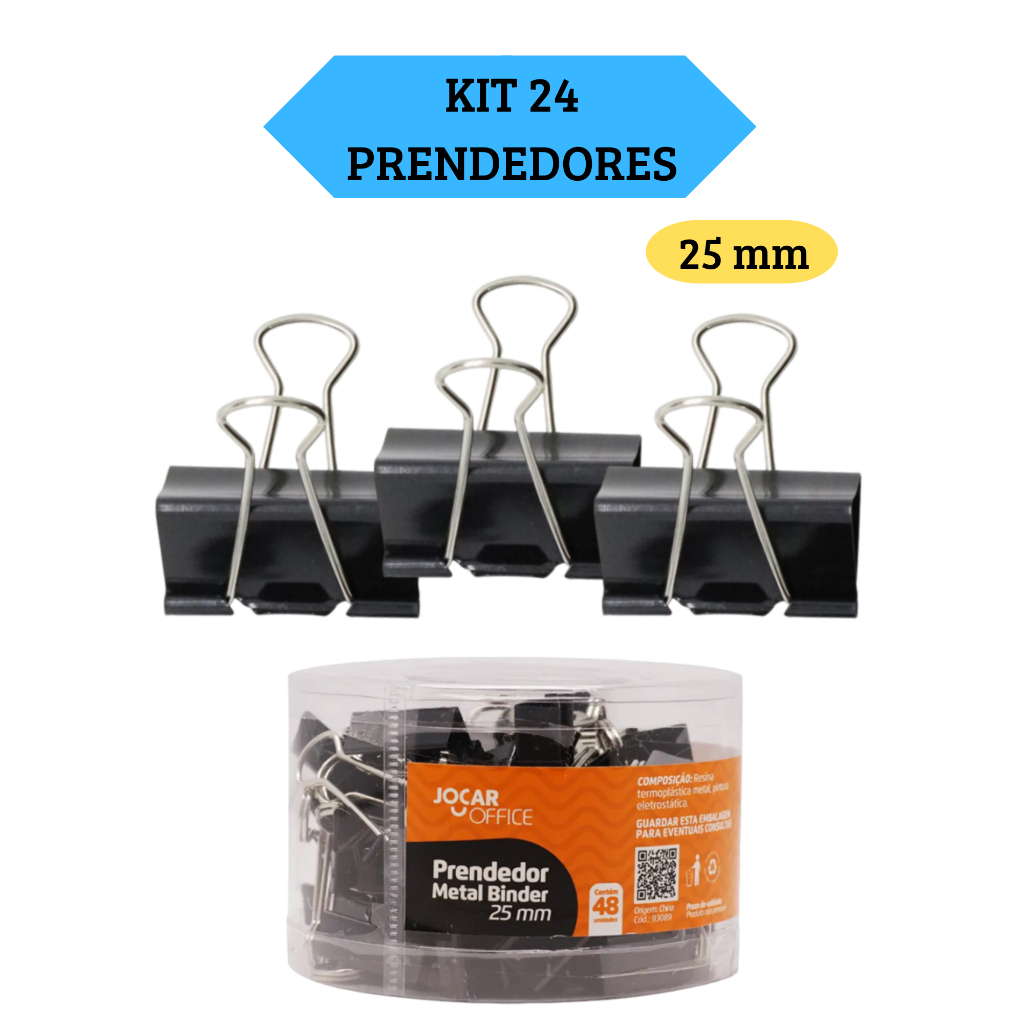 Kit 24 Prendedores Metal Binder Preto 25Mm Jocar Office