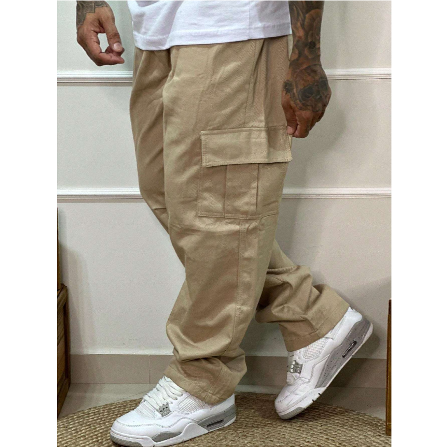 Calça Masculina Cargo Jeans Bege Cos Elástico Cordão Skatista