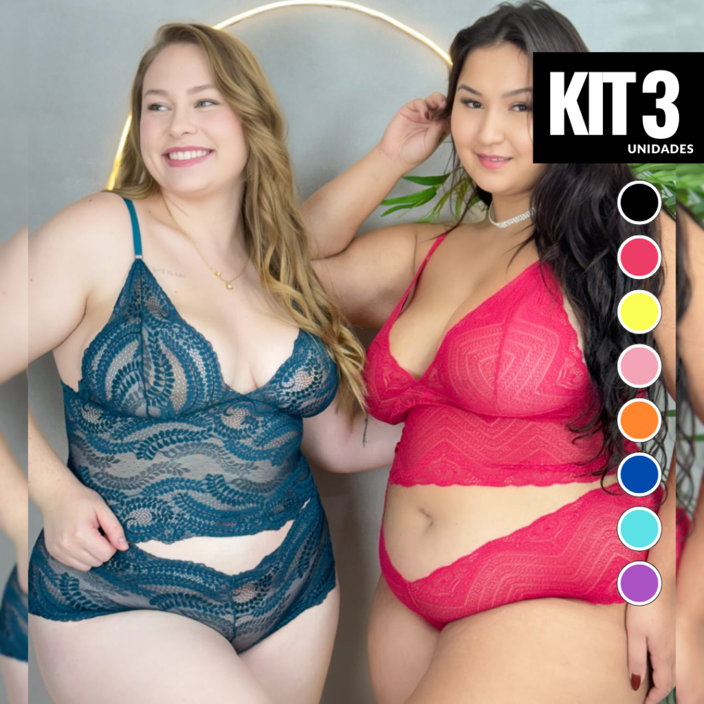Kit 3 Conjunto Lingerie PLUS SIZE Espera Marido Renda Conforto Sexy Sensual com Forro