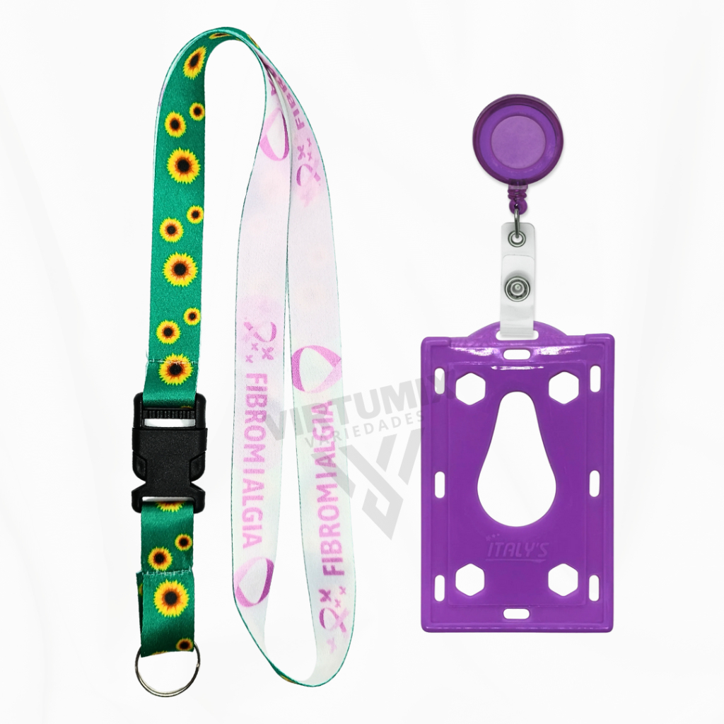 Kit Cordão Girassol Fibromialgia + Roller Clip Roxo + Porta Cartão Roxo