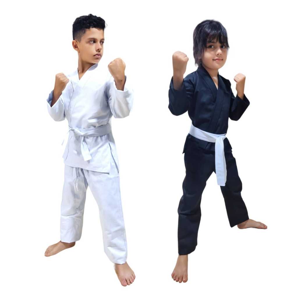 Kimono Krav Maga infantil branco e preto brim alta qualidade e resistência com faixa branca lisa